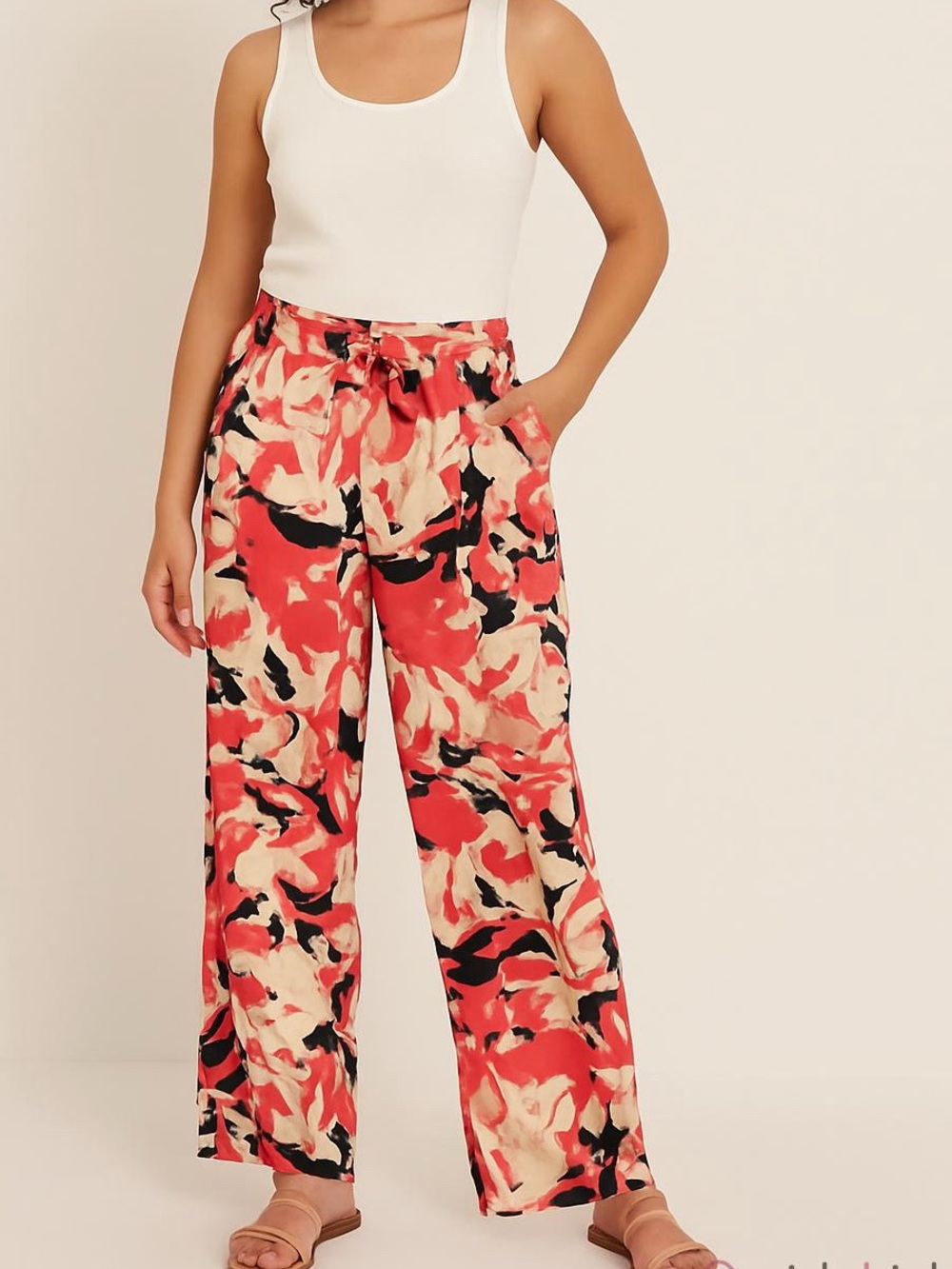 Calvin Klein Coral, Black & Cream Floral Abstract Wide-Leg Beach Pants Sz L